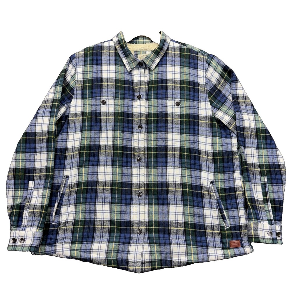 LL Bean Shacket Womens Large Sherpa Lined Plaid Shirt Jacket Blue Relaxed Fit